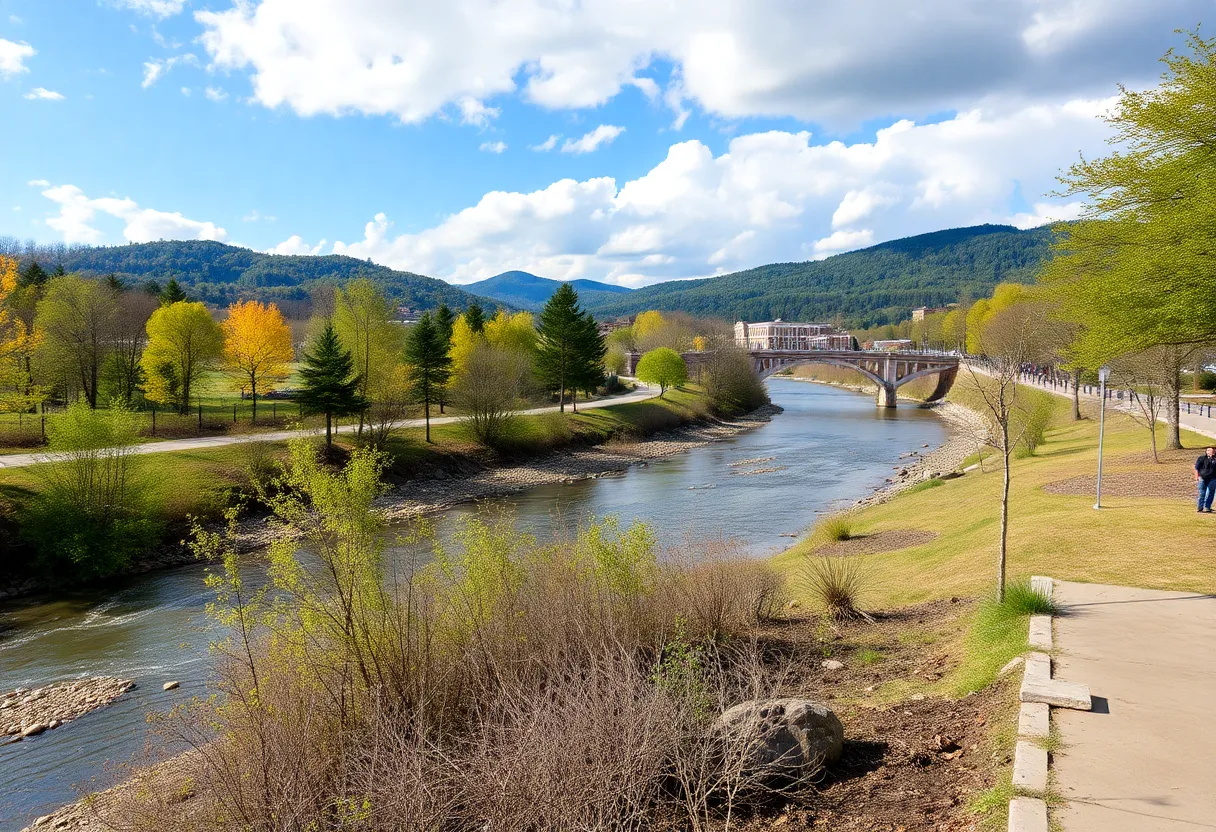 Scenic view of the French Broad River with parks in Asheville