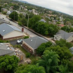 Aerial view of storm-damaged short-term rental properties in Asheville, NC