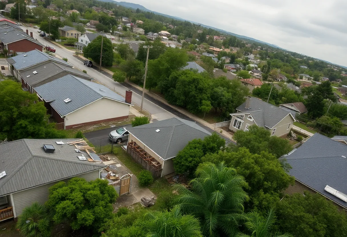 Aerial view of storm-damaged short-term rental properties in Asheville, NC