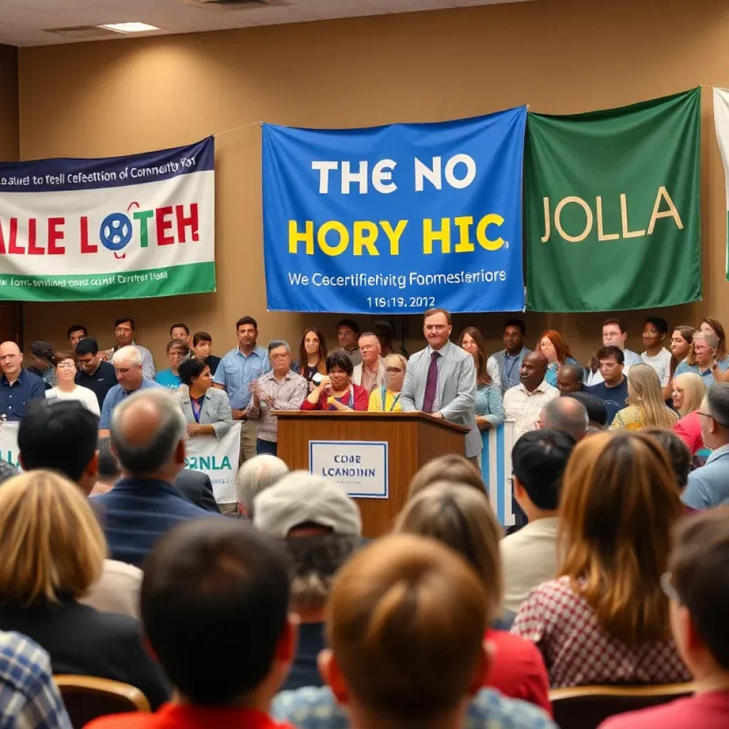A lively town hall meeting in Asheville with diverse attendees voicing concerns