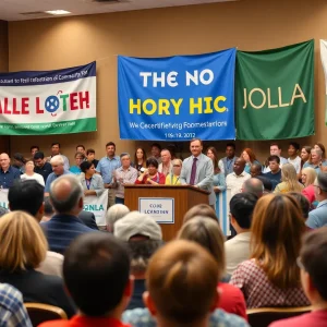 A lively town hall meeting in Asheville with diverse attendees voicing concerns