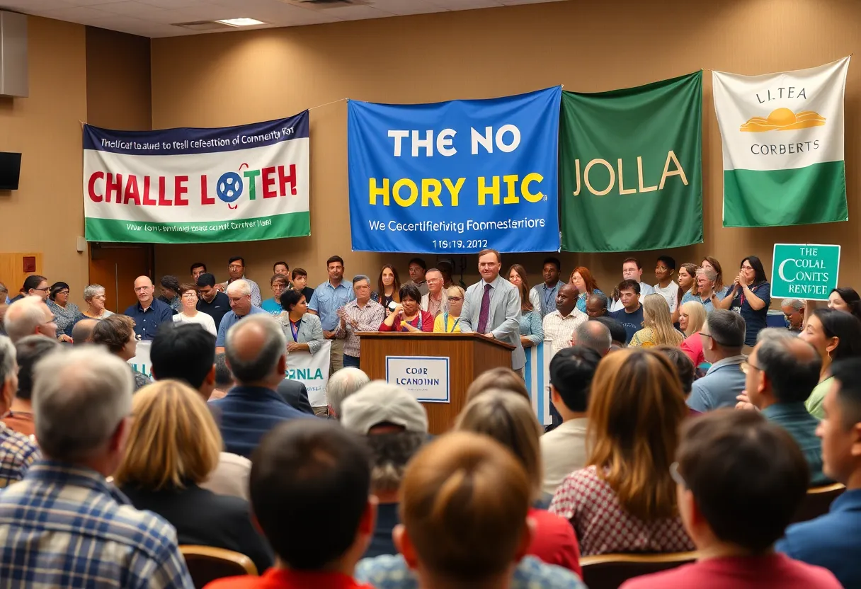 A lively town hall meeting in Asheville with diverse attendees voicing concerns