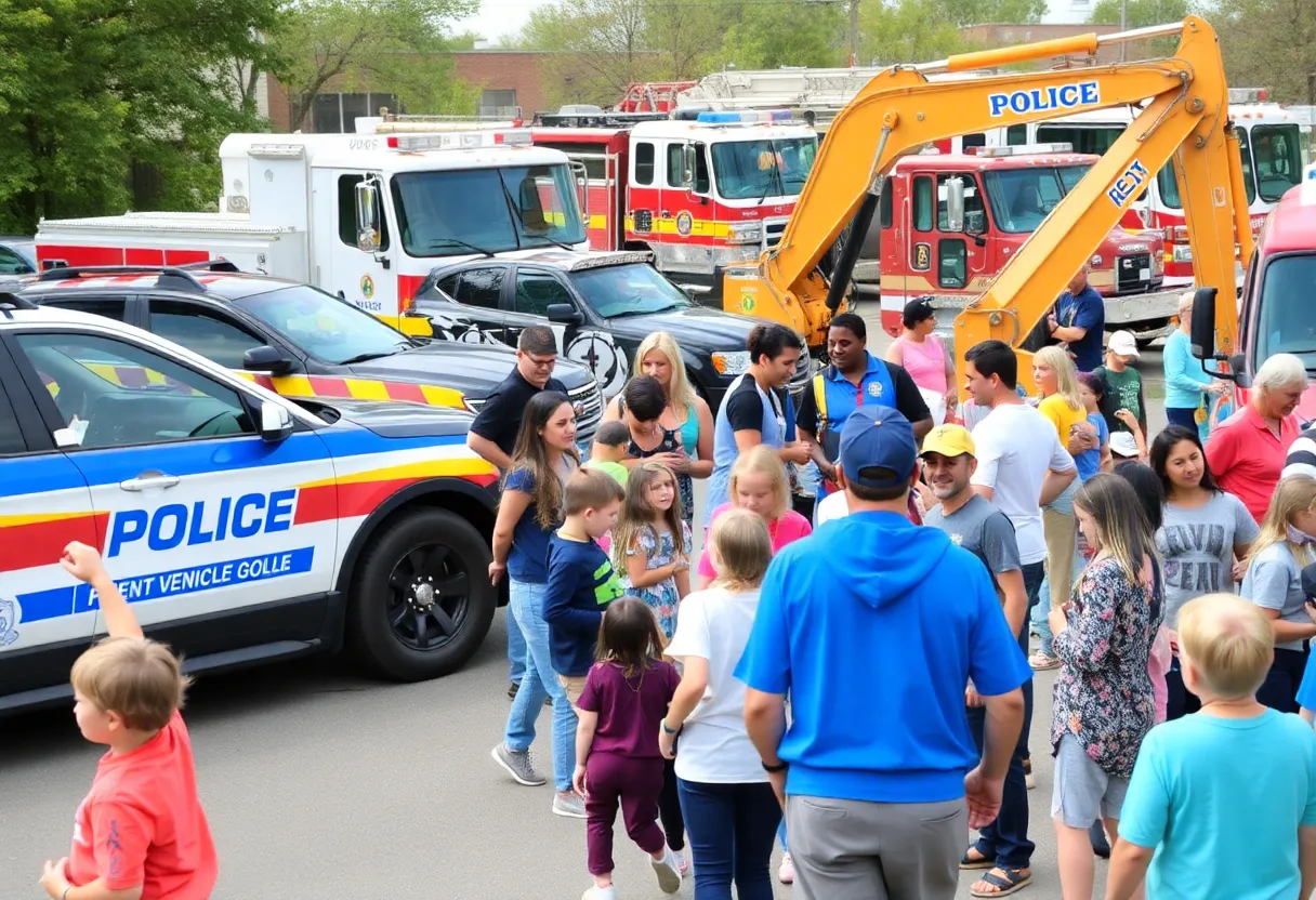 Families exploring city vehicles at Truck City AVL event in Asheville.