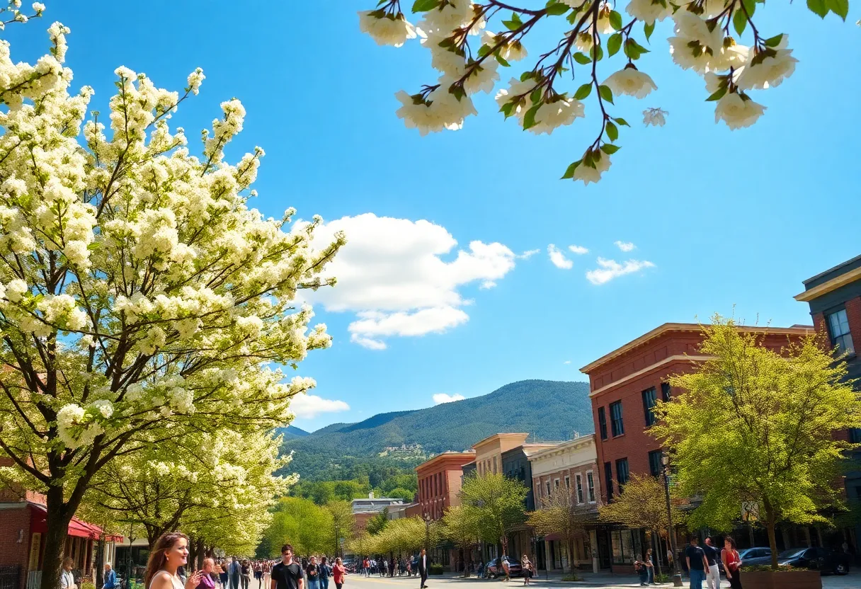 People enjoying a warm sunny day in Asheville, NC with blooming flowers in the background.