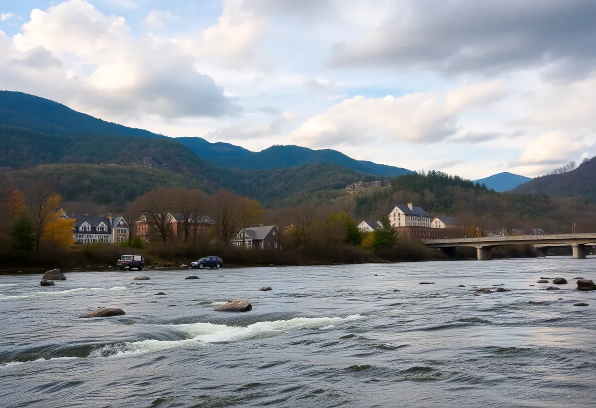 Flowing water in Asheville surrounded by the Blue Ridge Mountains