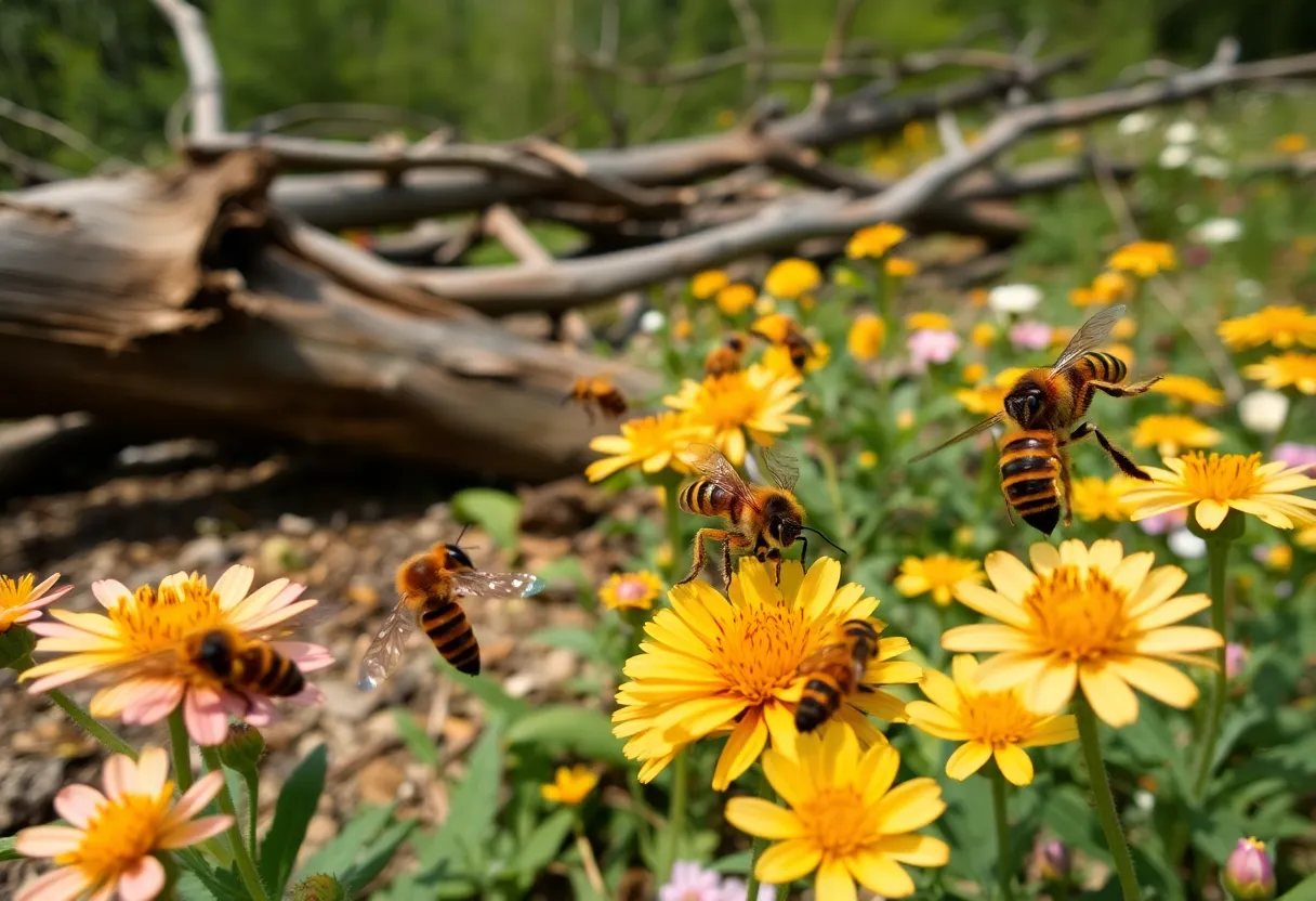 Asheville's insect ecosystem with various species interacting with a post-hurricane landscape.