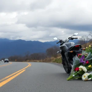 Motorcycle memorial on roadside in Asheville