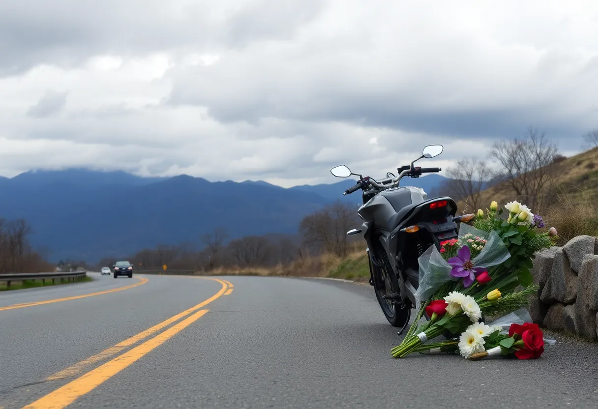Motorcycle memorial on roadside in Asheville