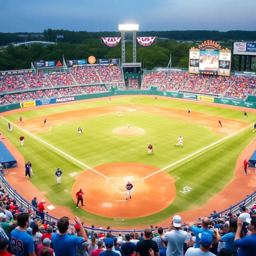 High school baseball teams playing in front of an excited crowd