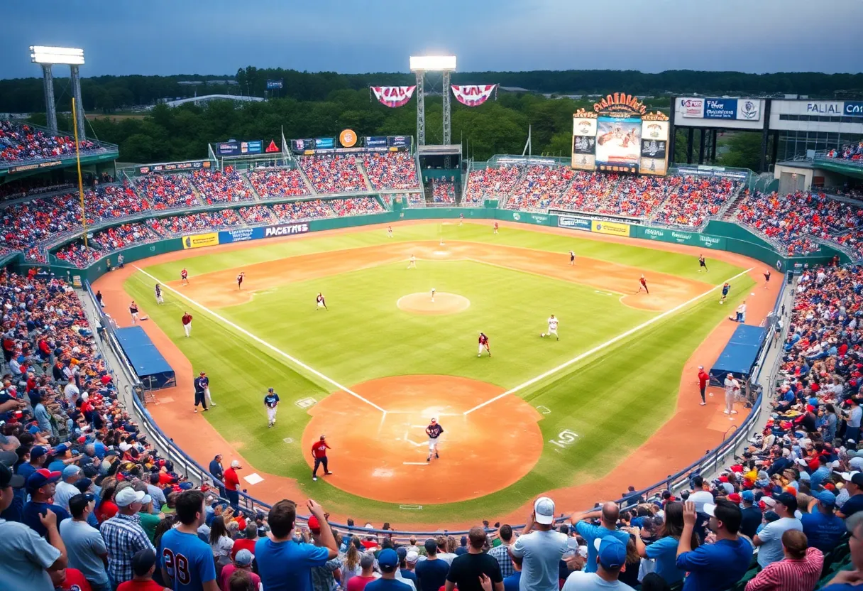 High school baseball teams playing in front of an excited crowd