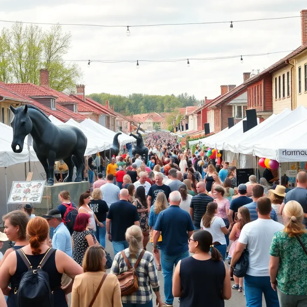 Crowd enjoying art installations and performances at the Black Mountain ReHappening festival.