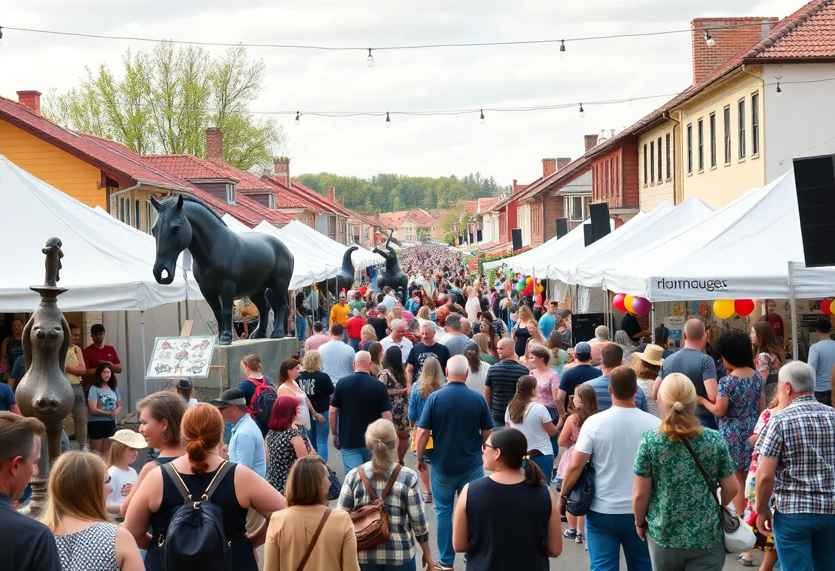 Crowd enjoying art installations and performances at the Black Mountain ReHappening festival.