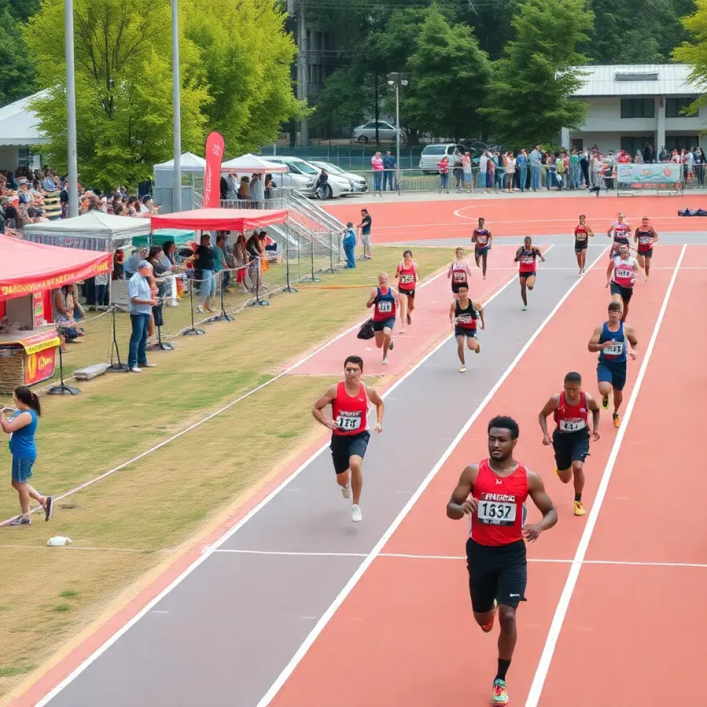 Athletes competing during the UNC Asheville Track and Field event with a cheering crowd.