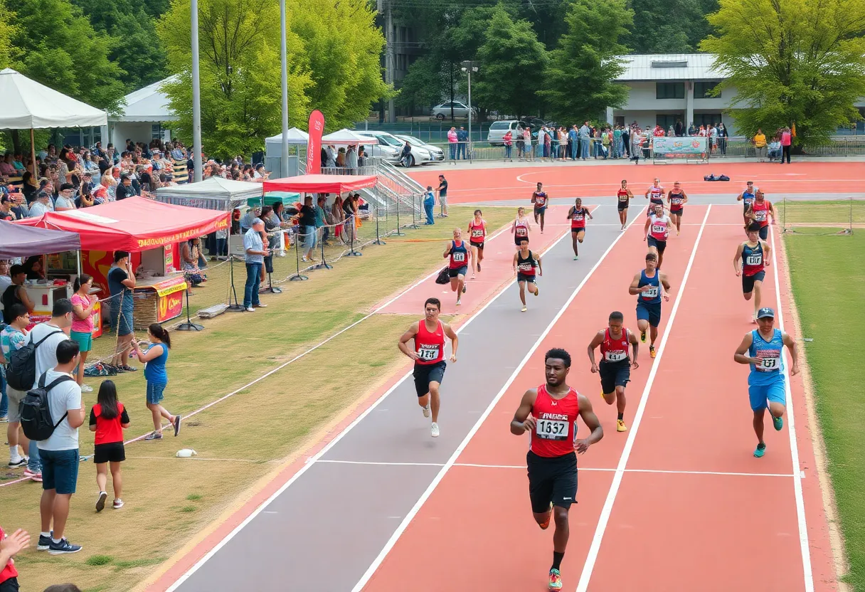 Athletes competing during the UNC Asheville Track and Field event with a cheering crowd.