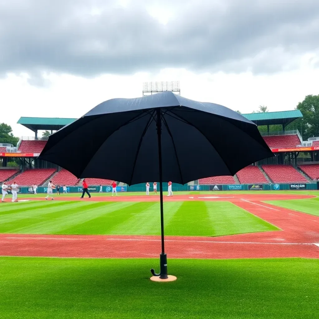 A baseball field with players in the dugout during rain, illustrating a canceled game.