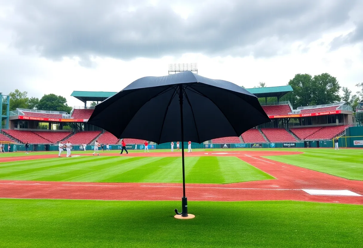 A baseball field with players in the dugout during rain, illustrating a canceled game.