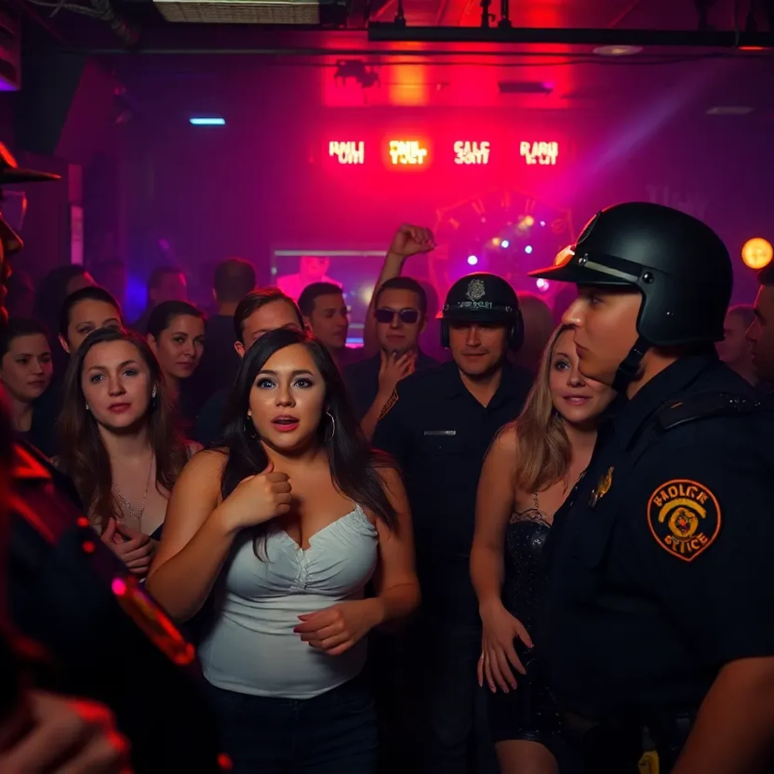 Law enforcement officers conducting a raid in a nightclub
