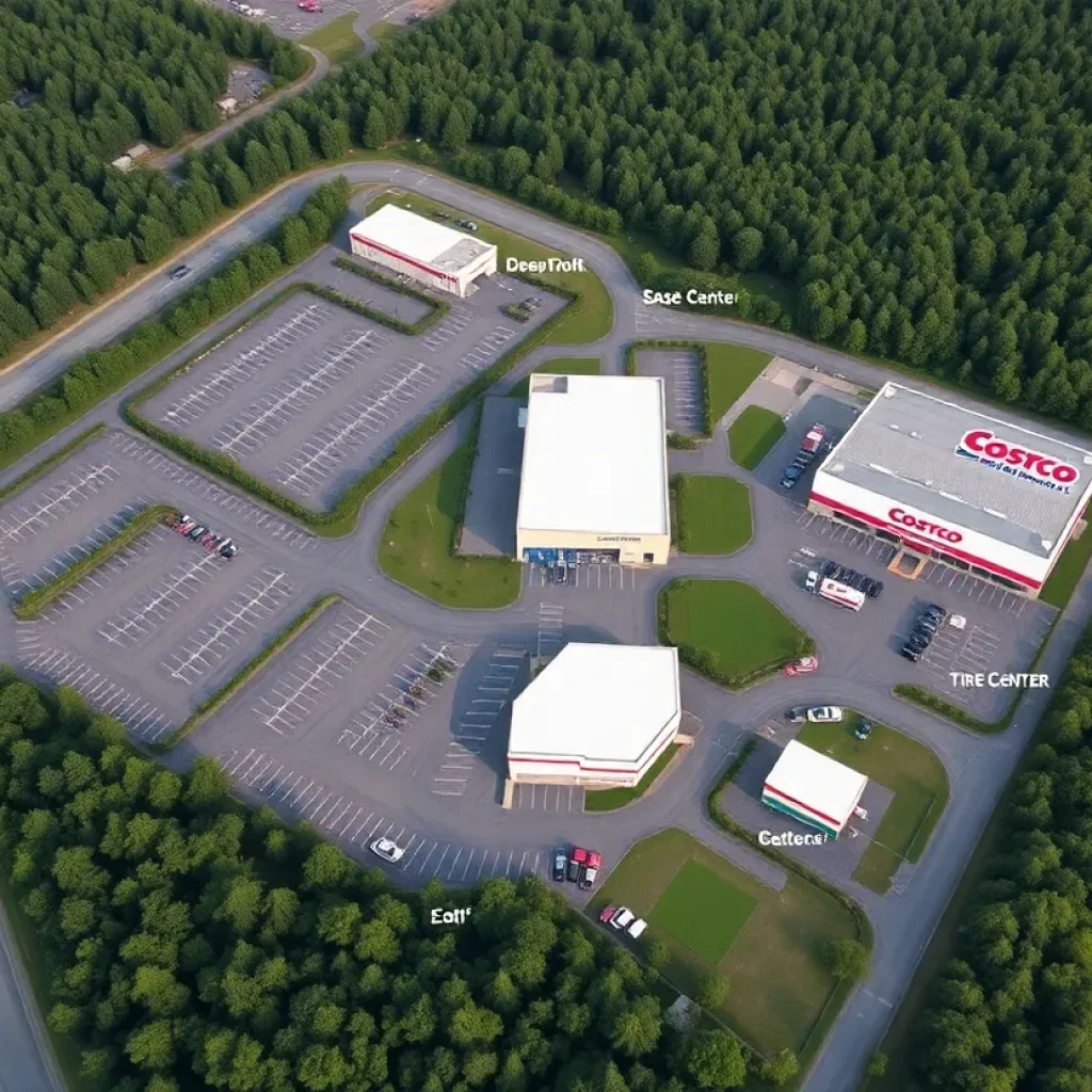 A conceptual image of the proposed Costco store and surrounding landscape in Asheville.