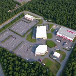 A conceptual image of the proposed Costco store and surrounding landscape in Asheville.