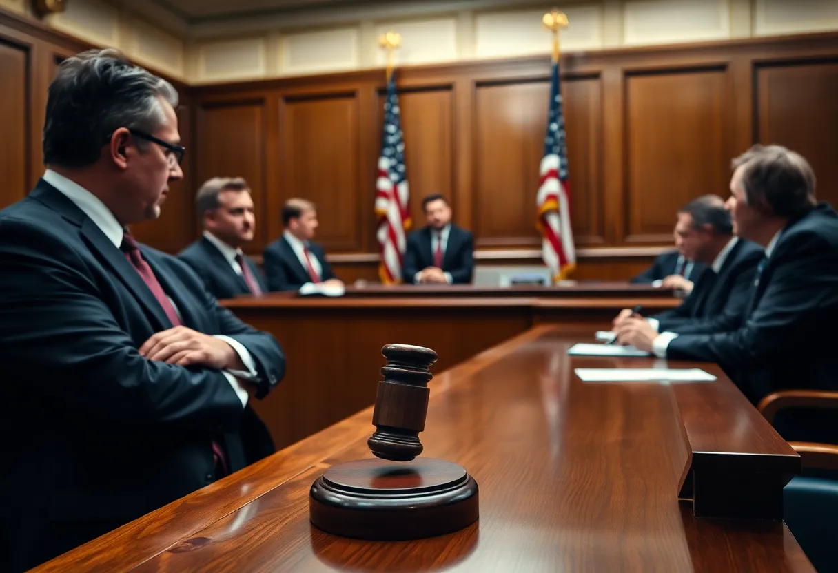 Courtroom during a serious murder trial with lawyers and a gavel