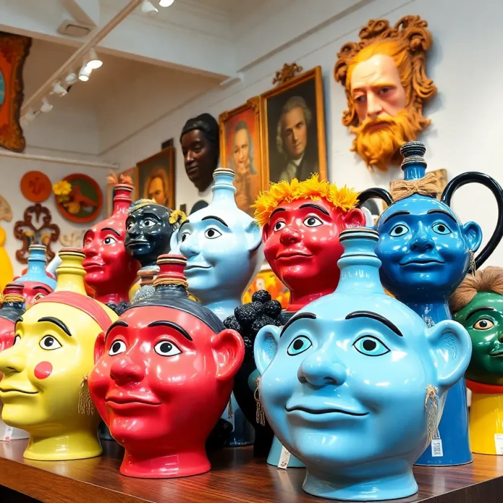 Artistic face jugs on display at the 13th Annual Face Jug Show in Asheville