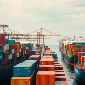 Illustration of global trade with cargo ships and containers symbolizing economic shifts