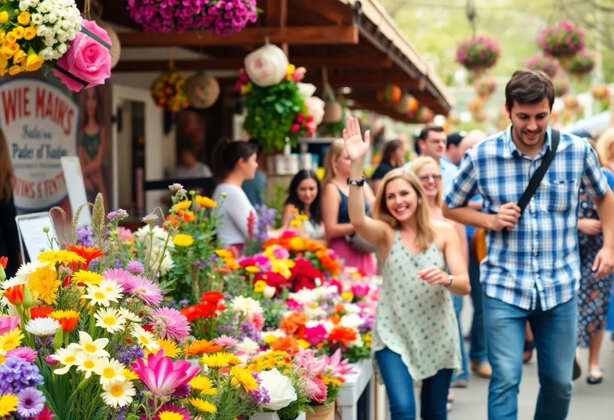 Spring festival in Asheville with flowers and live performances