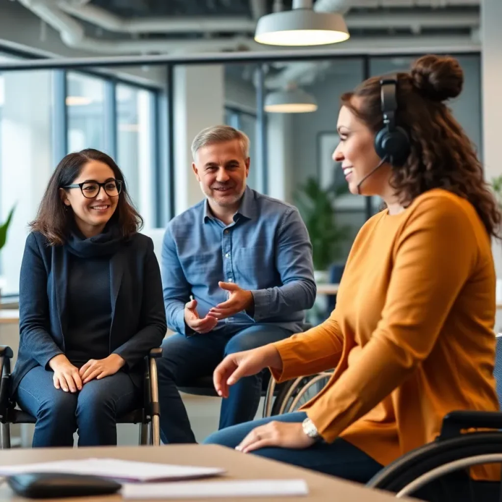 Celebration of inclusivity in a workplace setting with people collaborating.