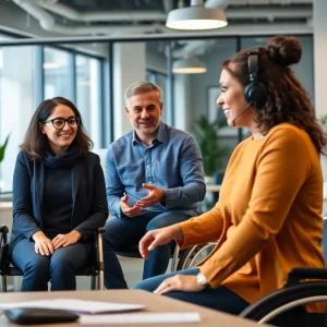 Celebration of inclusivity in a workplace setting with people collaborating.