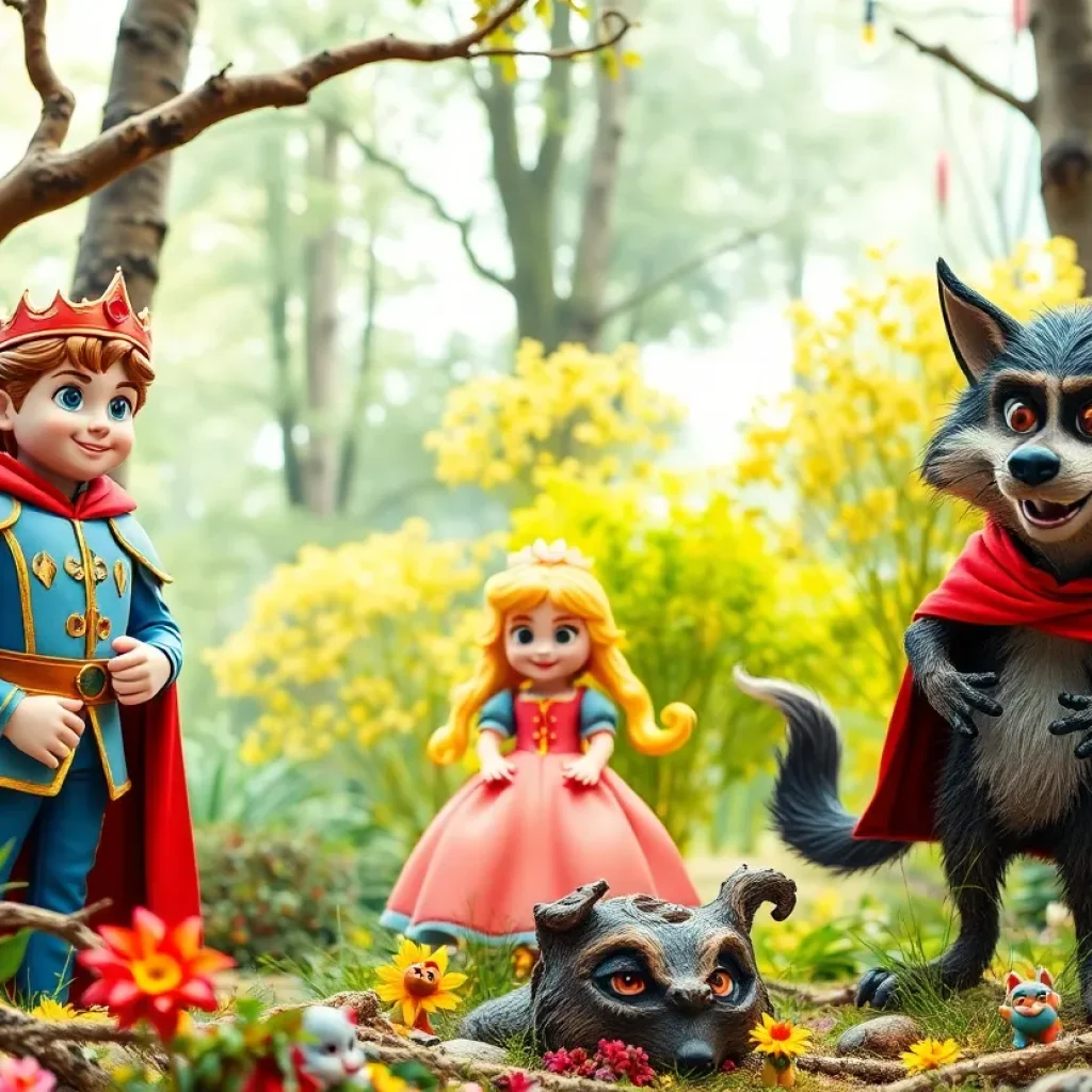 Fairy tale characters in a whimsical forest for Into the Woods JR.