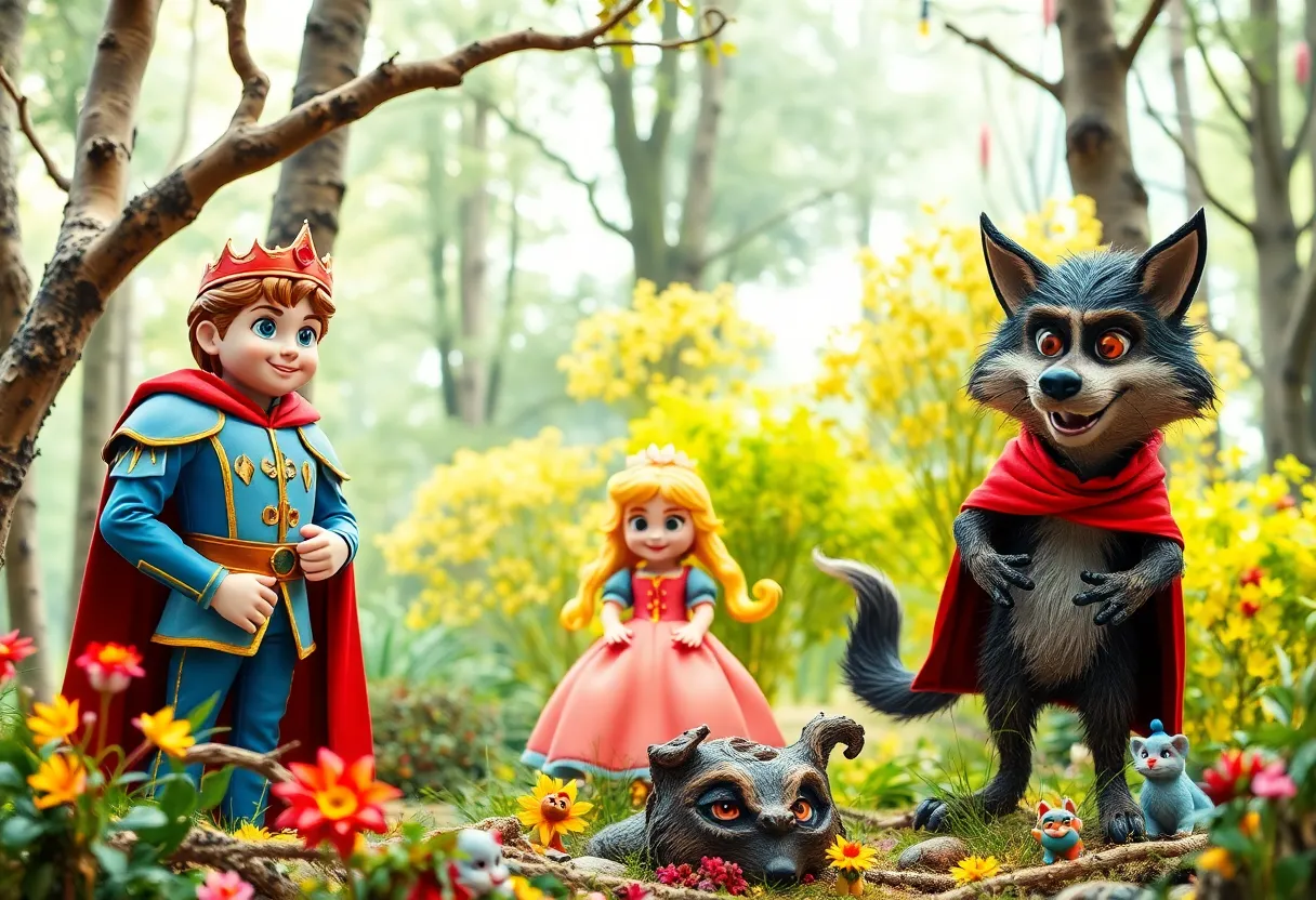 Fairy tale characters in a whimsical forest for Into the Woods JR.