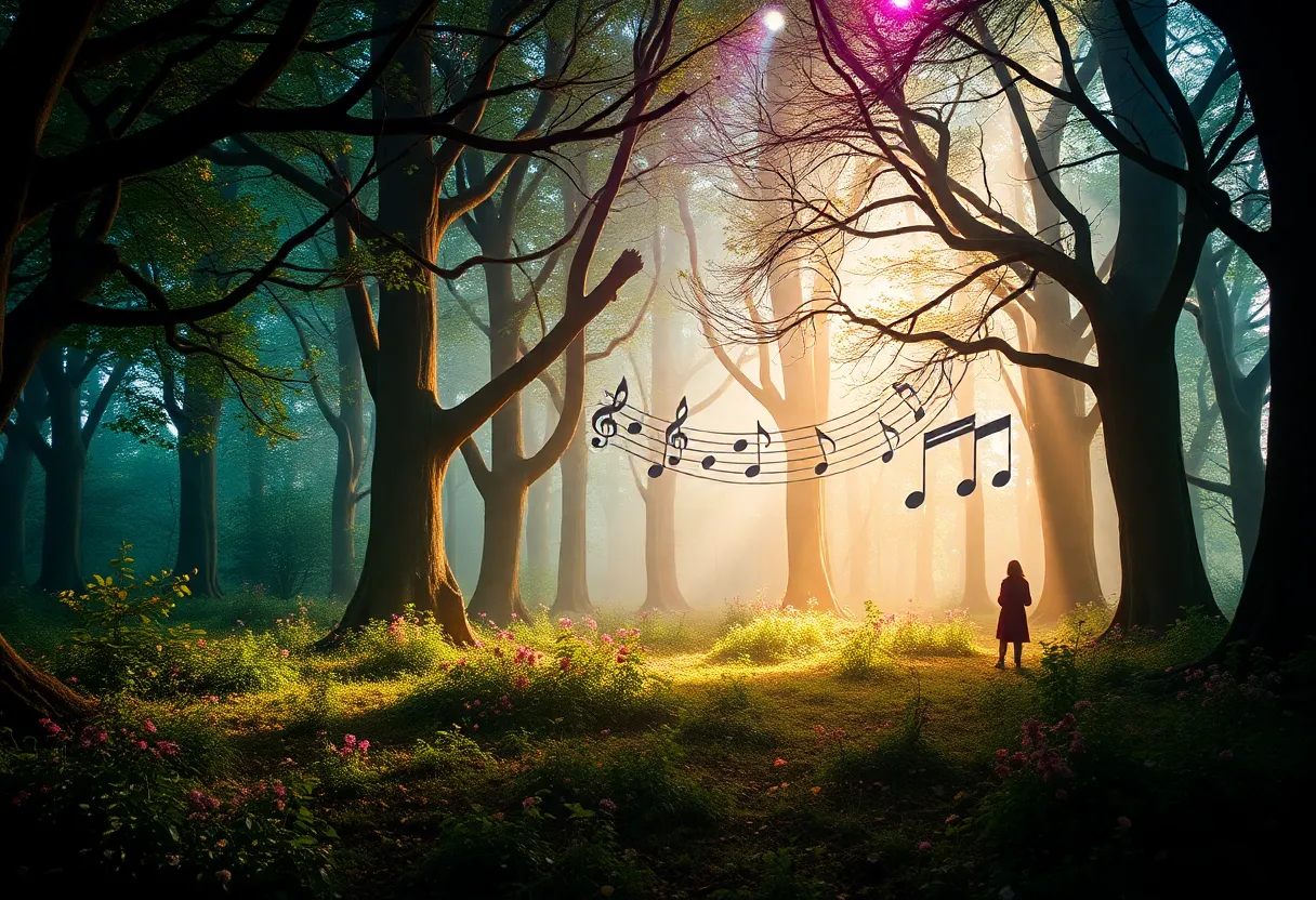 A whimsical illustration representing 'Into the Woods' theatrical performance.
