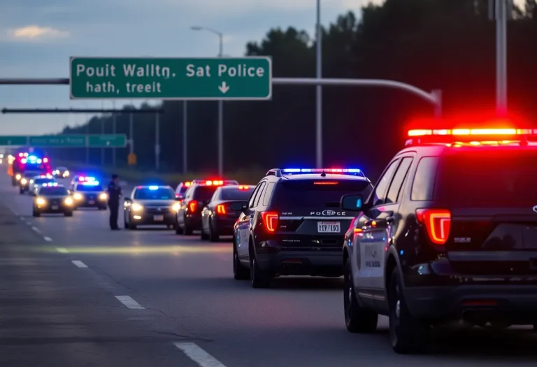 Police vehicles and emergency responders at a shooting scene on the highway.