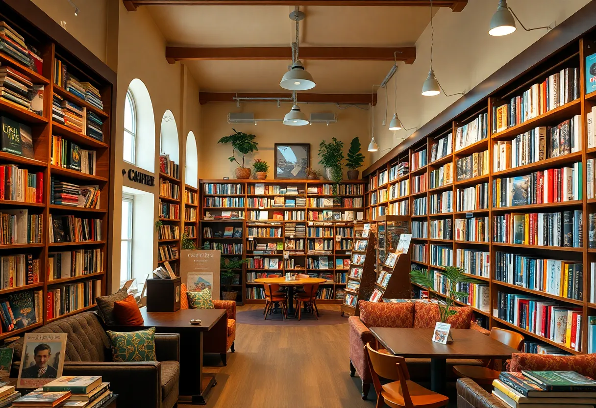 Interior view of Malaprop's Bookstore & Cafe with bookshelves and seating