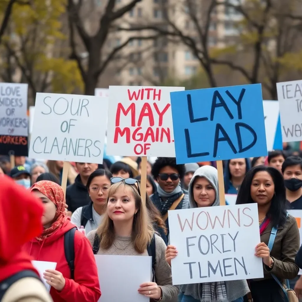 Workers rallying on May Day in North Carolina holding signs advocating for social justice.