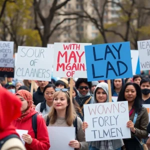 Workers rallying on May Day in North Carolina holding signs advocating for social justice.