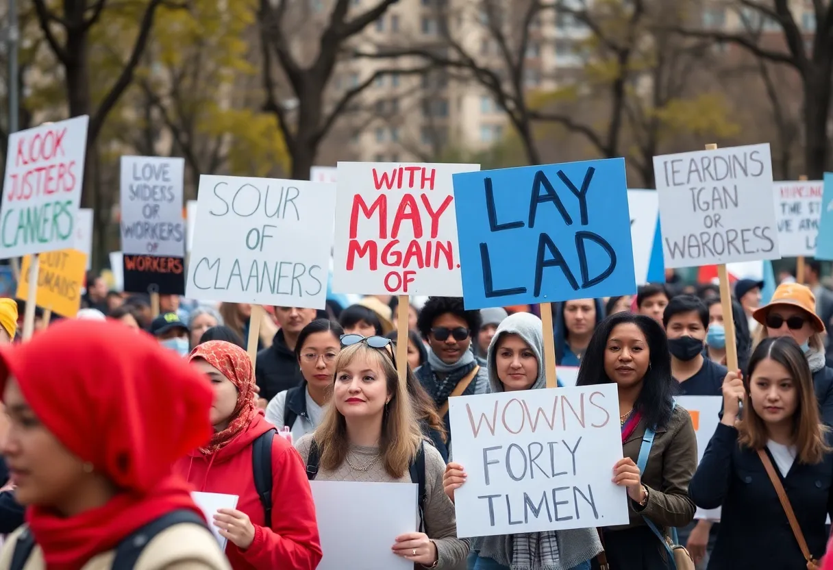 Workers rallying on May Day in North Carolina holding signs advocating for social justice.