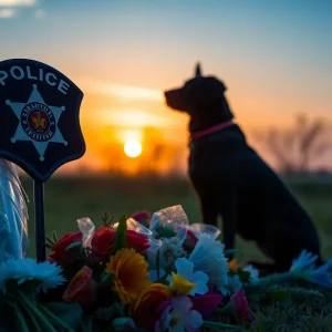 Memorial setup for K9 Officer Bolo with flowers and a police badge.