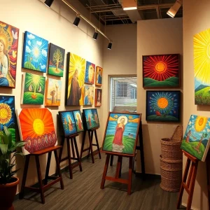 Art gallery displaying colorful paintings that merge spirituality and creative expression.