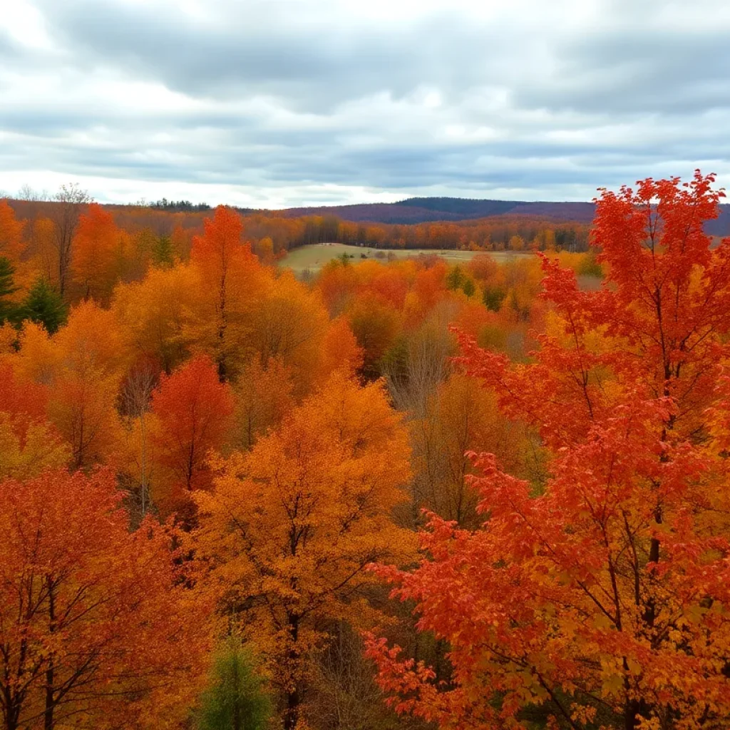 Autumn landscape in North Carolina displaying colorful foliage and cloudy skies