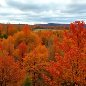 Autumn landscape in North Carolina displaying colorful foliage and cloudy skies