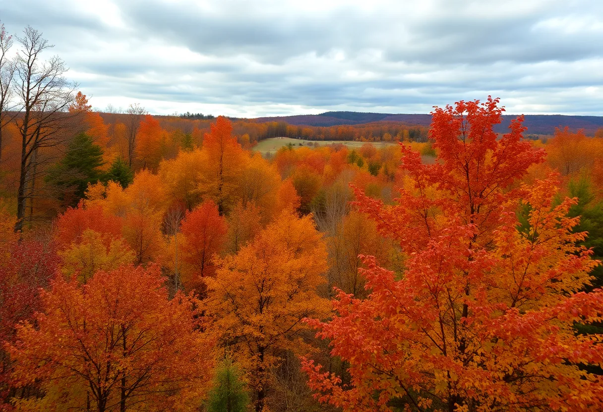 Autumn landscape in North Carolina displaying colorful foliage and cloudy skies