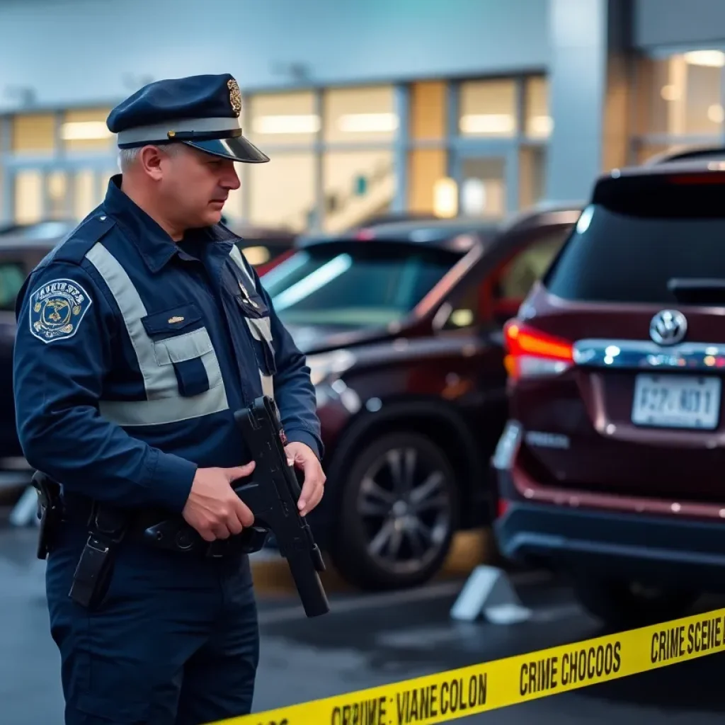 Police investigating an auto dealership theft with vandalized cars