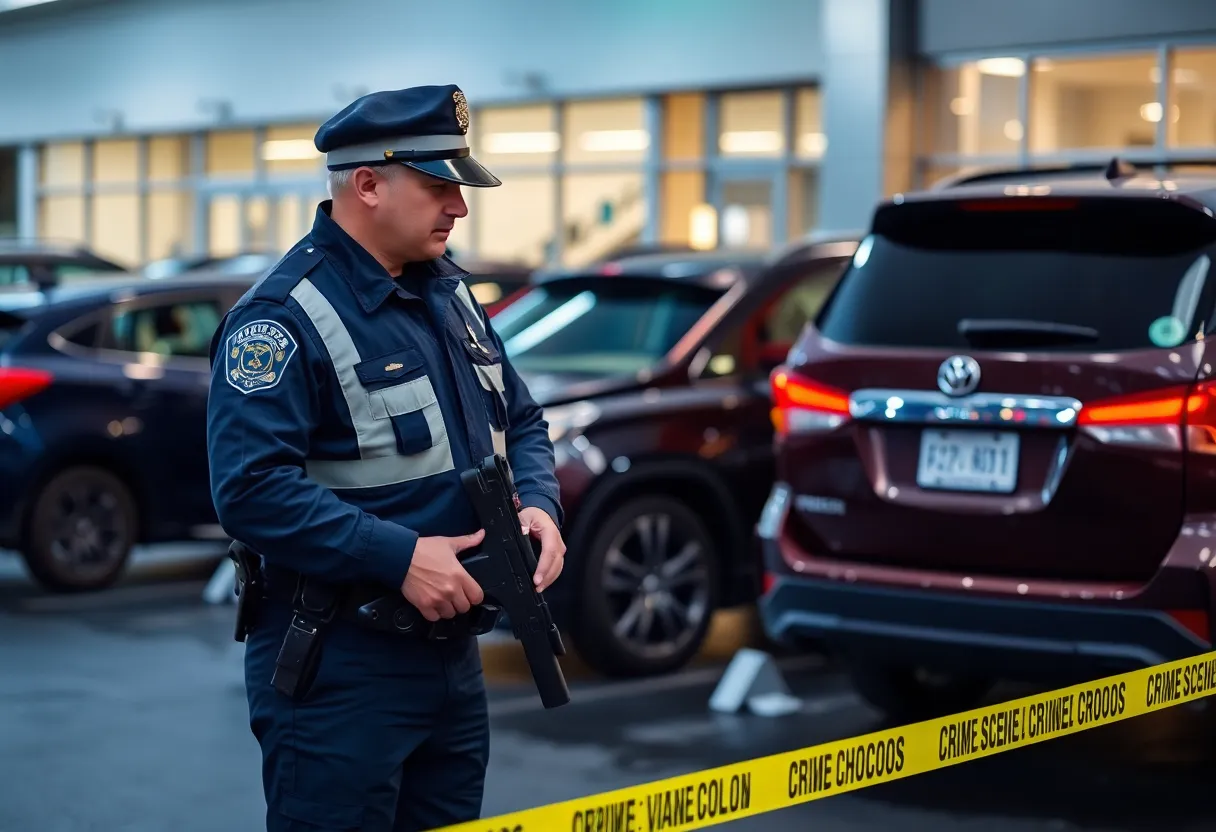 Police investigating an auto dealership theft with vandalized cars