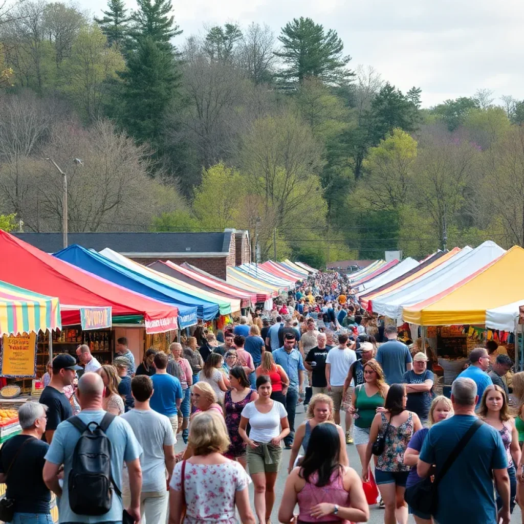 Crowd enjoying spring festivals in Asheville with colorful decorations and food stalls.