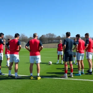 St. Bonaventure men's soccer team training on the field.