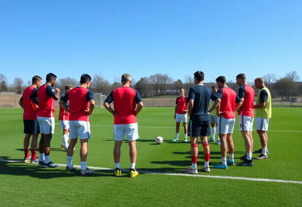 St. Bonaventure men's soccer team training on the field.