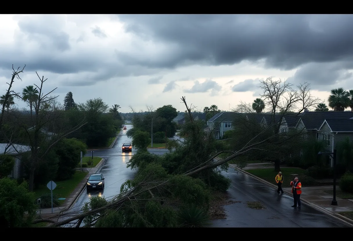 Damage caused by a severe storm with fallen trees and affected properties.