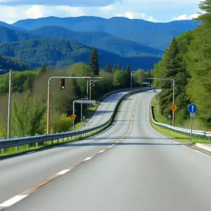 View of the newly refurbished Swannanoa River Road in Asheville with clear skies