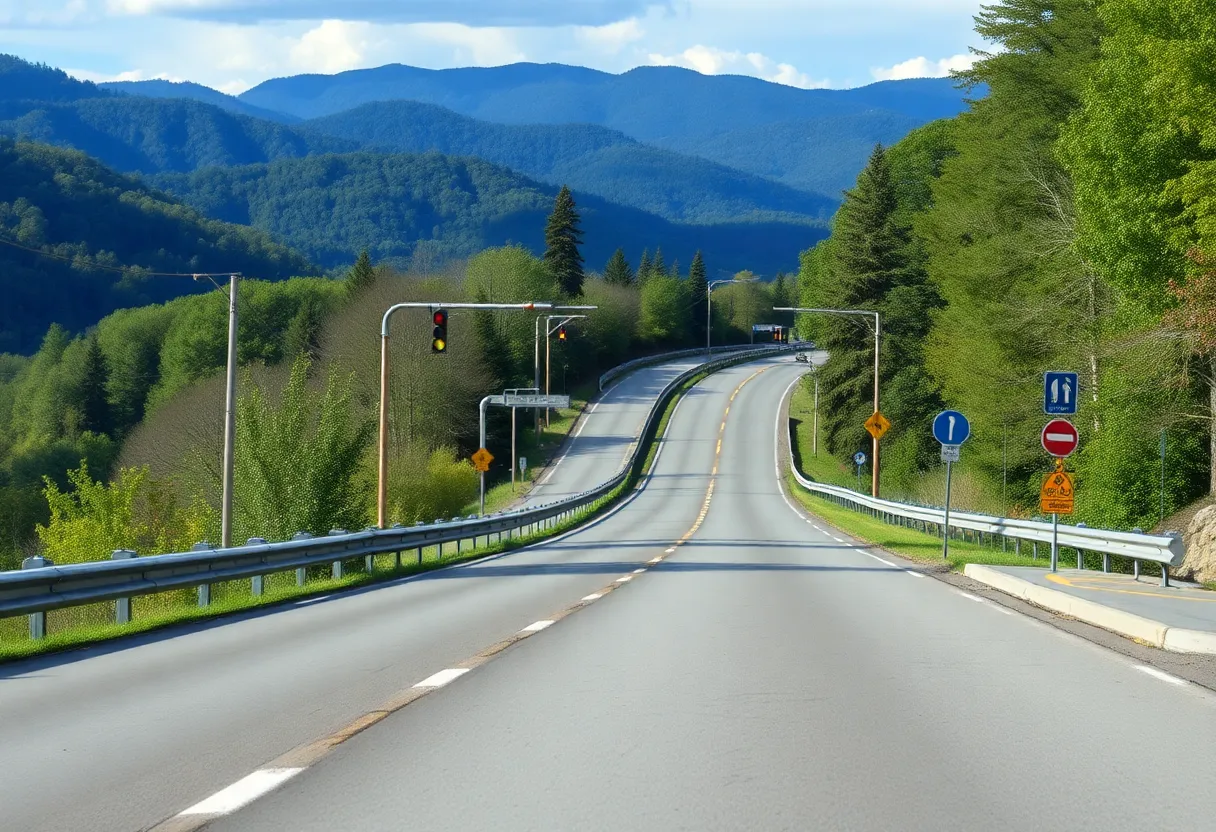View of the newly refurbished Swannanoa River Road in Asheville with clear skies